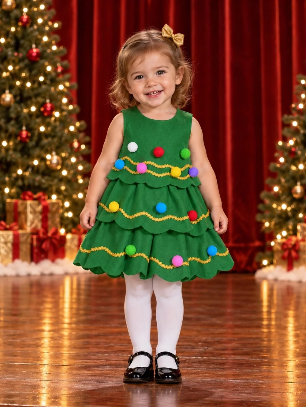 Handmade Girls 5T Christmas Tree Dress Gold Trim Pom-Poms NWOT